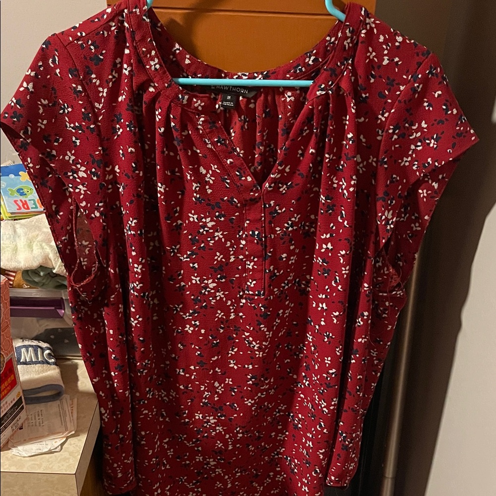 41 Hawthorn Burgundy and White Patterned Blouse